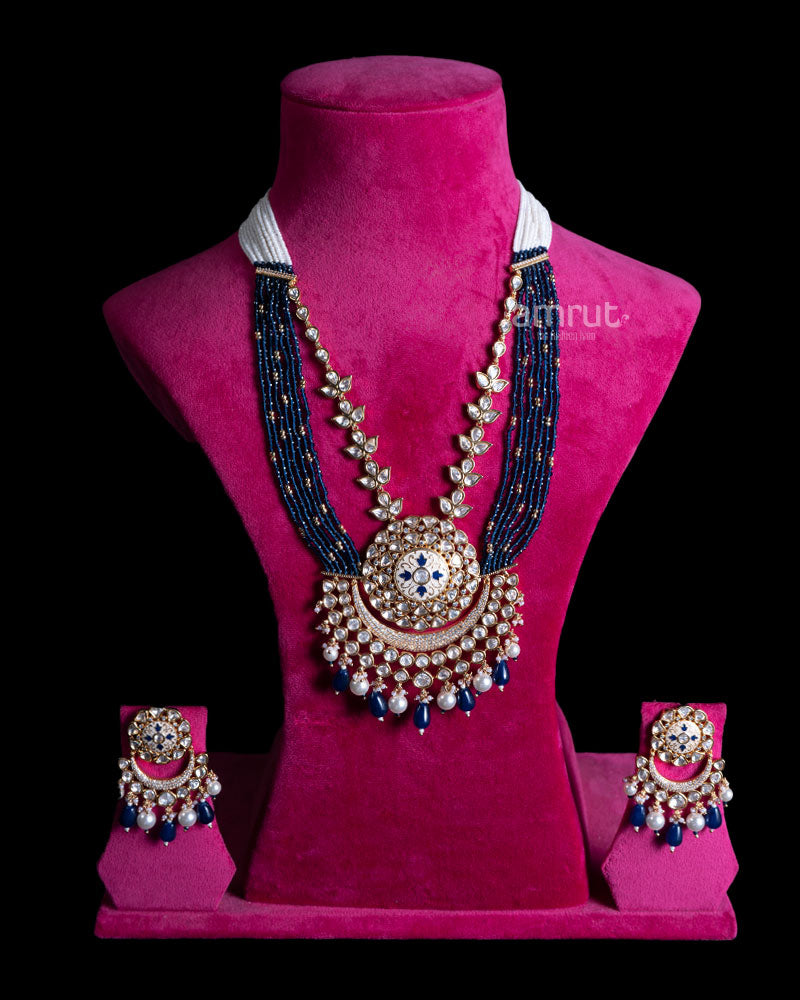 Navy Blue Bead with Crystal Pendant and Pearl Accents Necklace 01