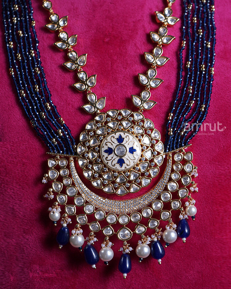 Navy Blue Bead with Crystal Pendant and Pearl Accents Necklace 02