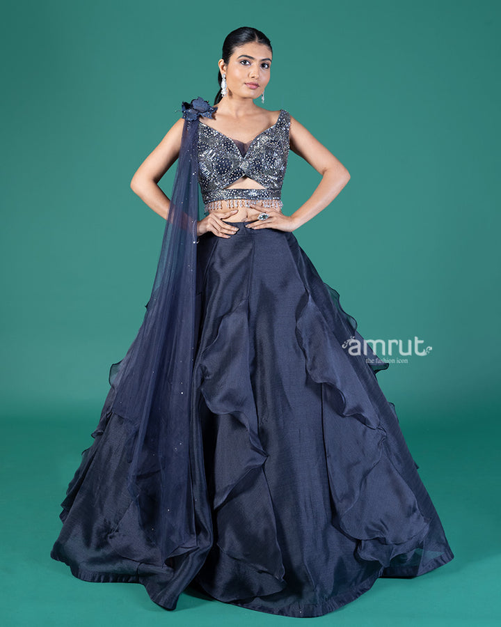 Navy Blue Embellished Lehenga Choli with Draped net Dupatta 01