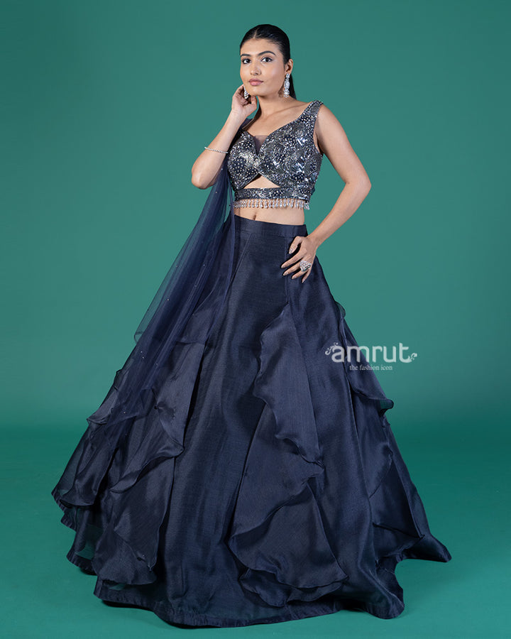 Navy Blue Embellished Lehenga Choli with Draped net Dupatta 04