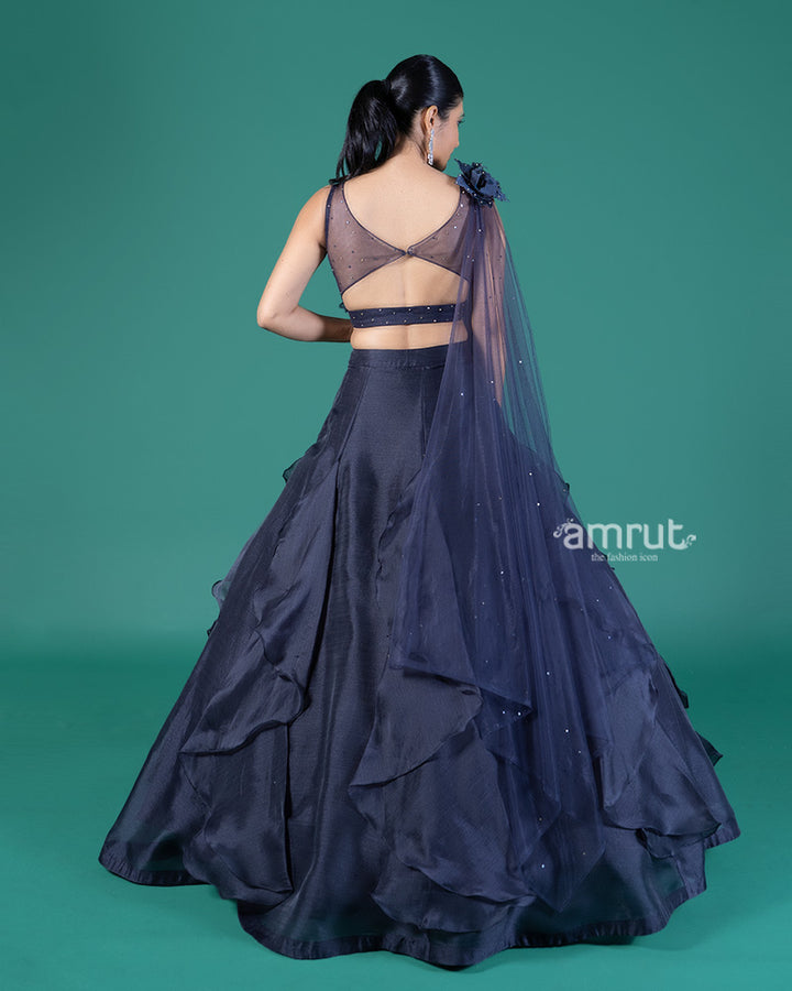 Navy Blue Embellished Lehenga Choli with Draped net Dupatta 05