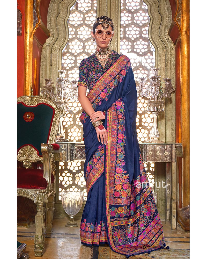 Navy Blue Floral Print Embroidered Border Embellished Pashmina Silk Saree with Unstitched Blouse 01