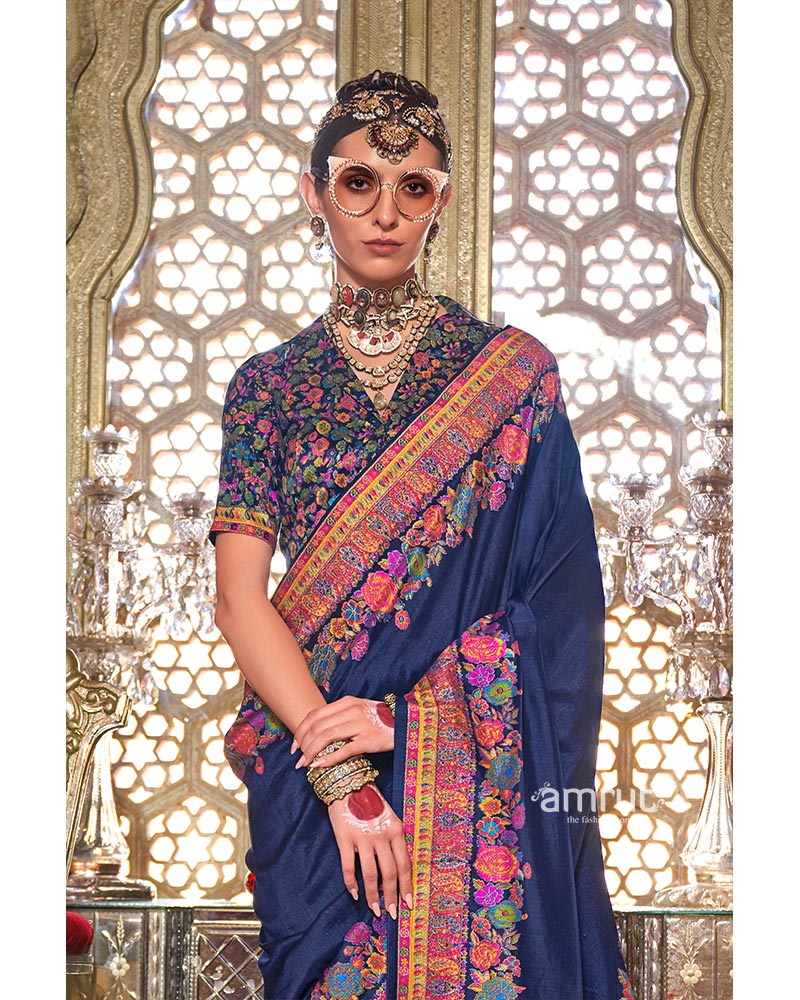 Navy Blue Floral Print Embroidered Border Embellished Pashmina Silk Saree with Unstitched Blouse 02