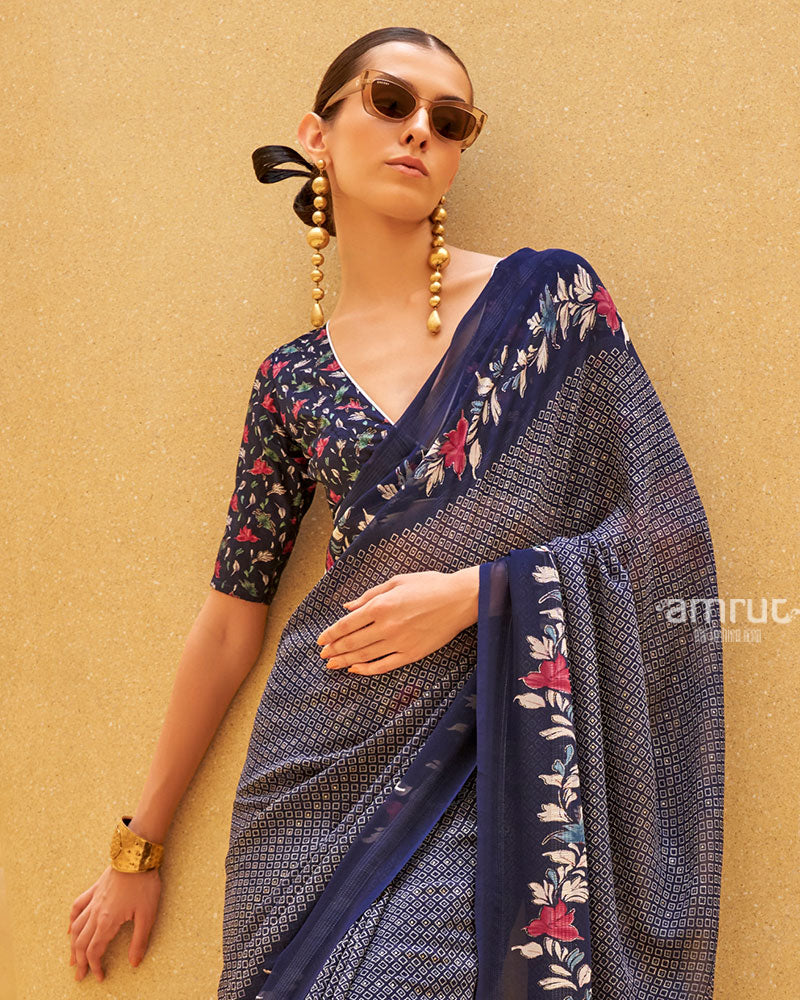 Navy Blue Floral Print Saree with Intricate Weaving and Unstitched Blouse 02