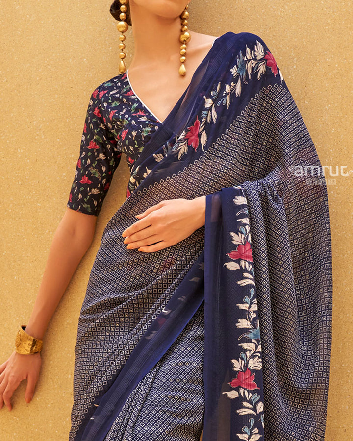 Navy Blue Floral Print Saree with Intricate Weaving and Unstitched Blouse 03