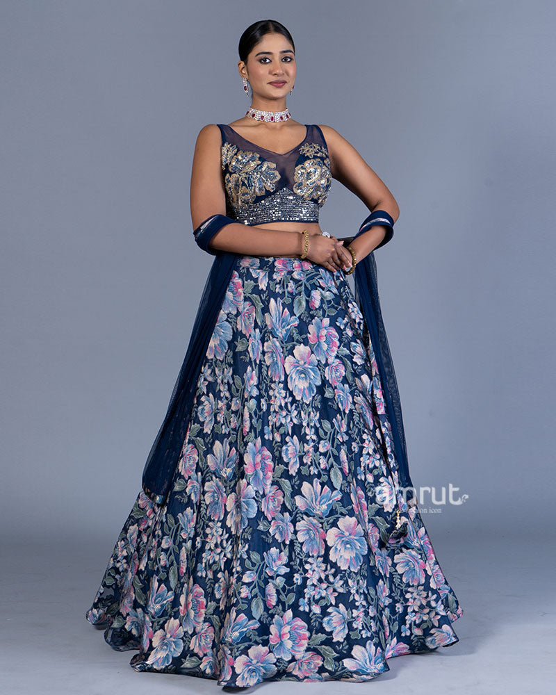 Navy Blue Floral Printed Lehenga Choli with Dupatta 01