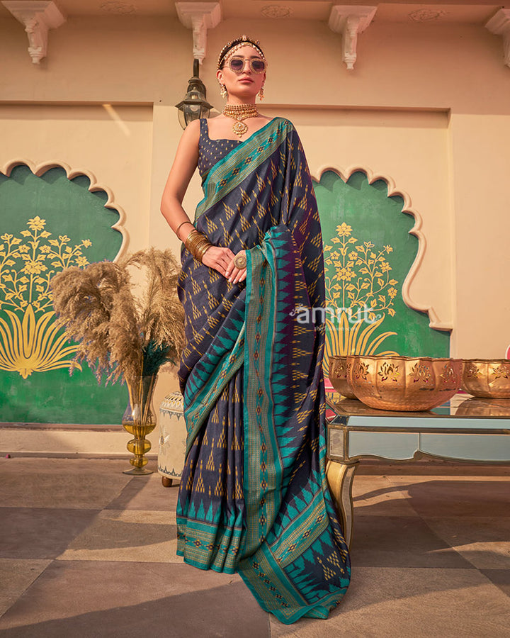 Navy Blue Ikat Printed  Saree with Contrast Teal Green Border and Unstitched Blouse 01
