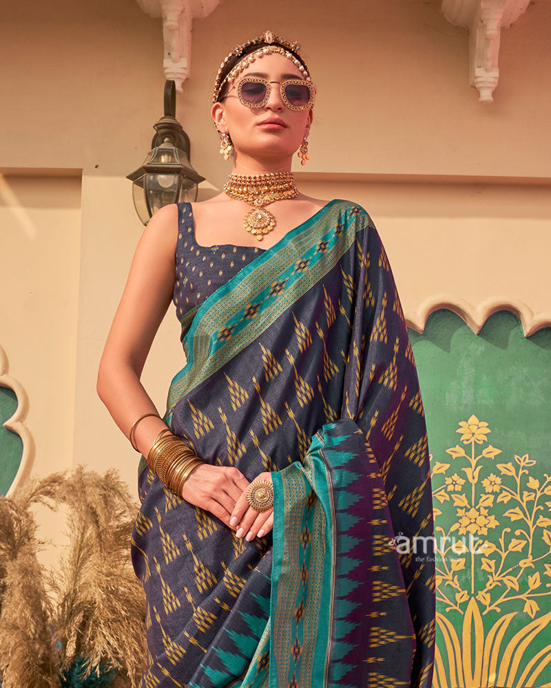 Navy Blue Ikat Printed  Saree with Contrast Teal Green Border and Unstitched Blouse 02