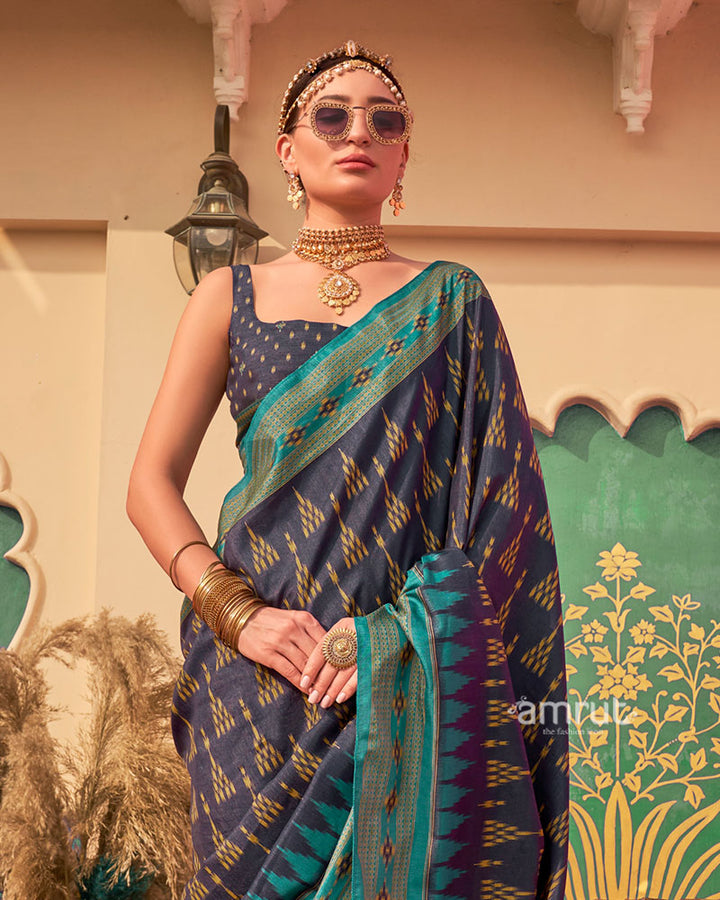 Navy Blue Ikat Printed  Saree with Contrast Teal Green Border and Unstitched Blouse 02