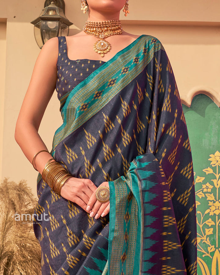 Navy Blue Ikat Printed  Saree with Contrast Teal Green Border and Unstitched Blouse 03