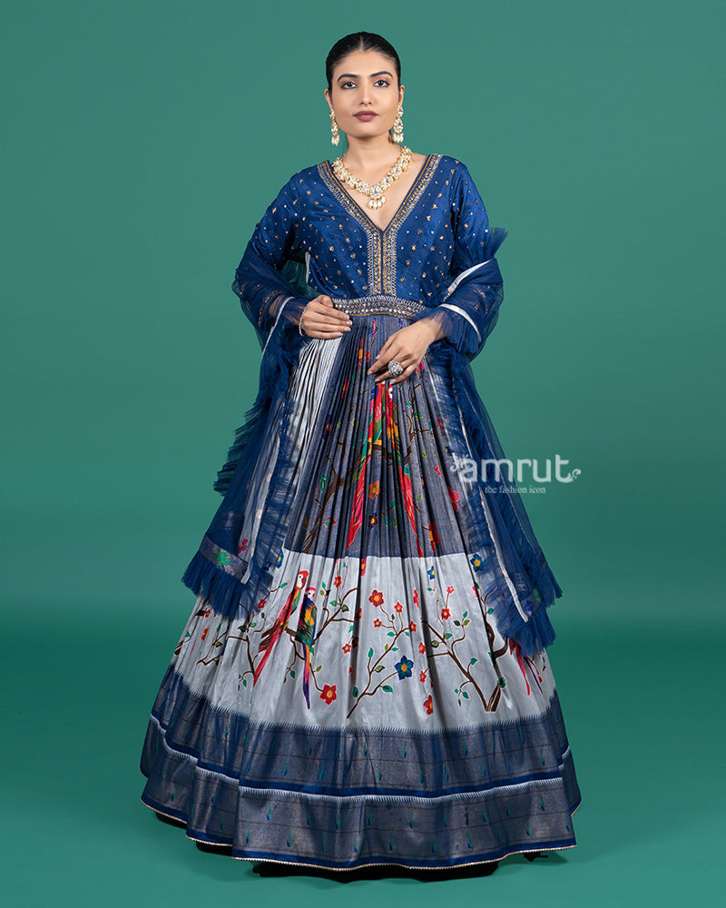 Navy Blue Mirror Work Gown with Multicolor Bird Embroidery and Ruffle Dupatta 01