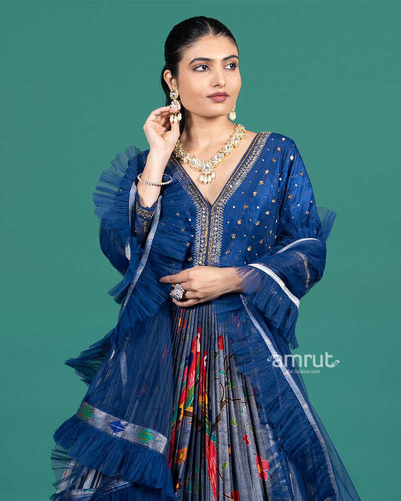 Navy Blue Mirror Work Gown with Multicolor Bird Embroidery and Ruffle Dupatta 02