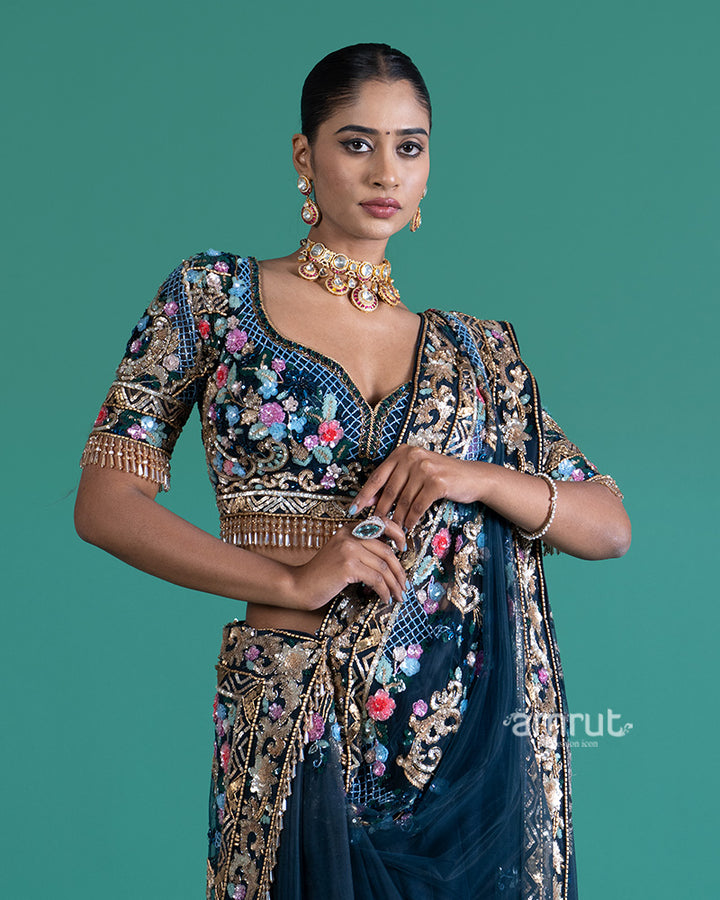  Navy Blue Net Saree with Floral Embroidery and Blouse 02