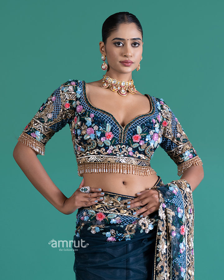  Navy Blue Net Saree with Floral Embroidery and Blouse 04