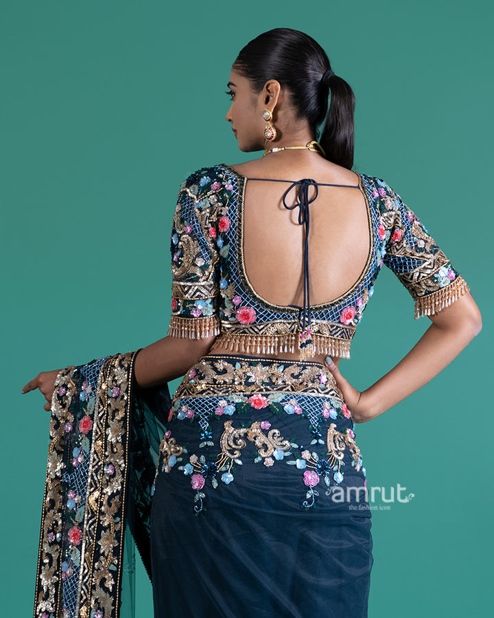  Navy Blue Net Saree with Floral Embroidery and Blouse 05