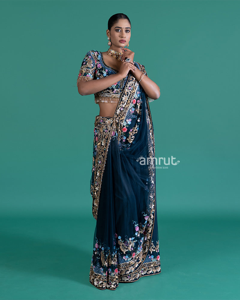  Navy Blue Net Saree with Floral Embroidery and Blouse 06