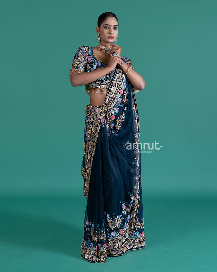  Navy Blue Net Saree with Floral Embroidery and Blouse 06