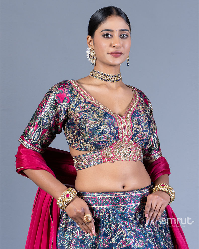 Navy Blue Paisley Lehenga with Embroidered Choli and Pink Dupatta 02