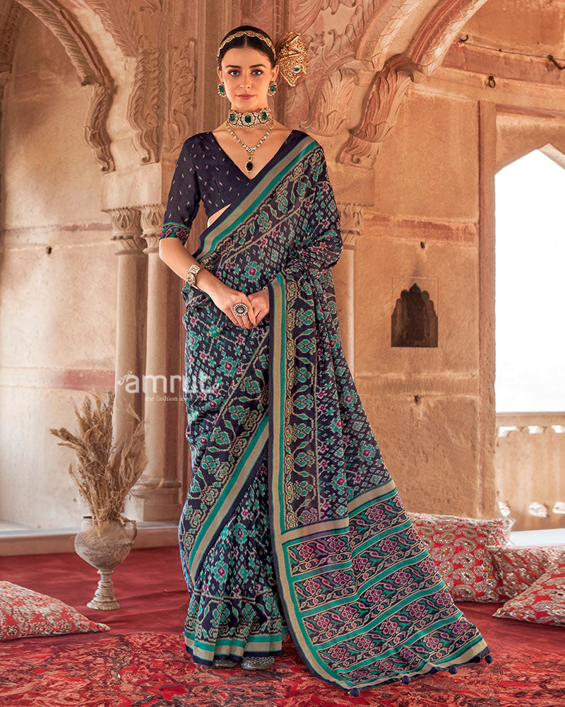 Navy Blue Patola Printed Saree with Teal Green Zari Border and Unstitched Blouse 01