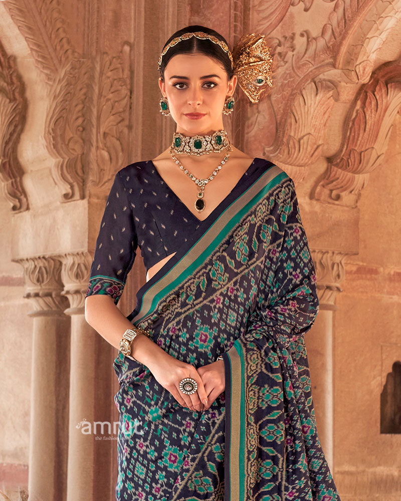Navy Blue Patola Printed Saree with Teal Green Zari Border and Unstitched Blouse 02