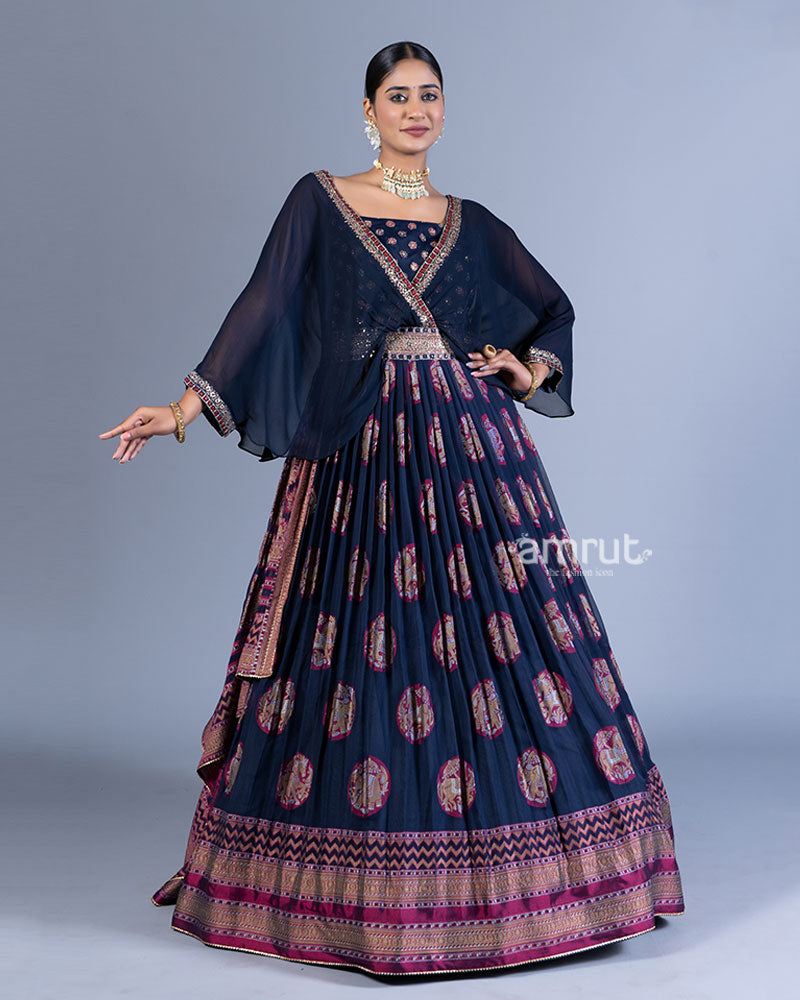 Navy Blue Pleated Gown with Golden Embellishments and Cape Sleeves 01