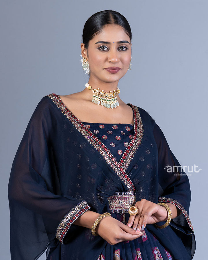 Navy Blue Pleated Gown with Golden Embellishments and Cape Sleeves 02