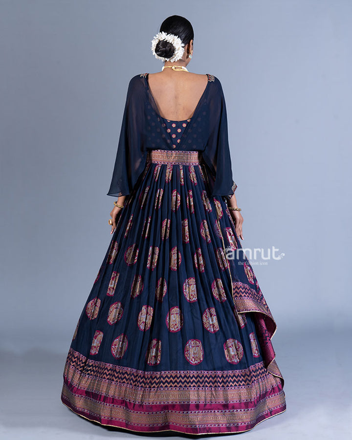 Navy Blue Pleated Gown with Golden Embellishments and Cape Sleeves 03