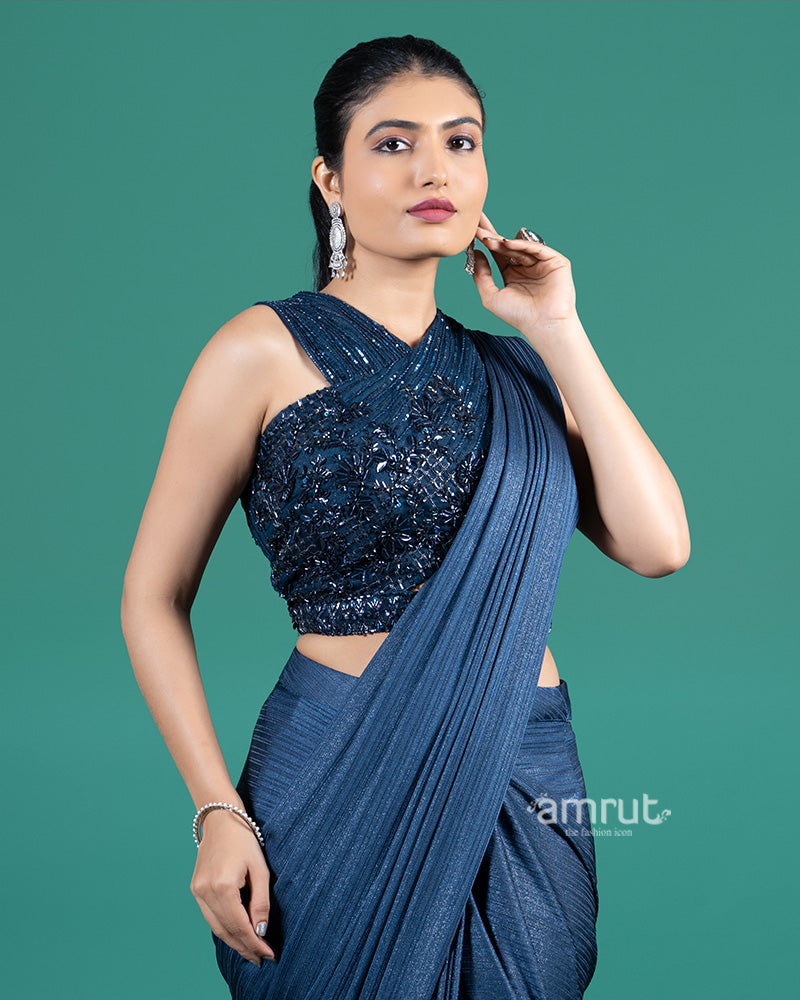 Navy Blue Pleated Ready-to-Wear Saree with Embellished Cross-Neck Blous 02