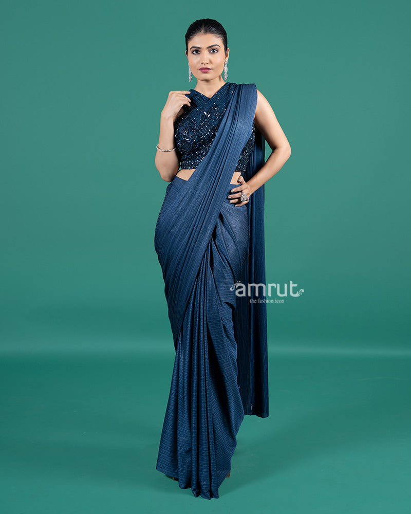 Navy Blue Pleated Ready-to-Wear Saree with Embellished Cross-Neck Blouse 01