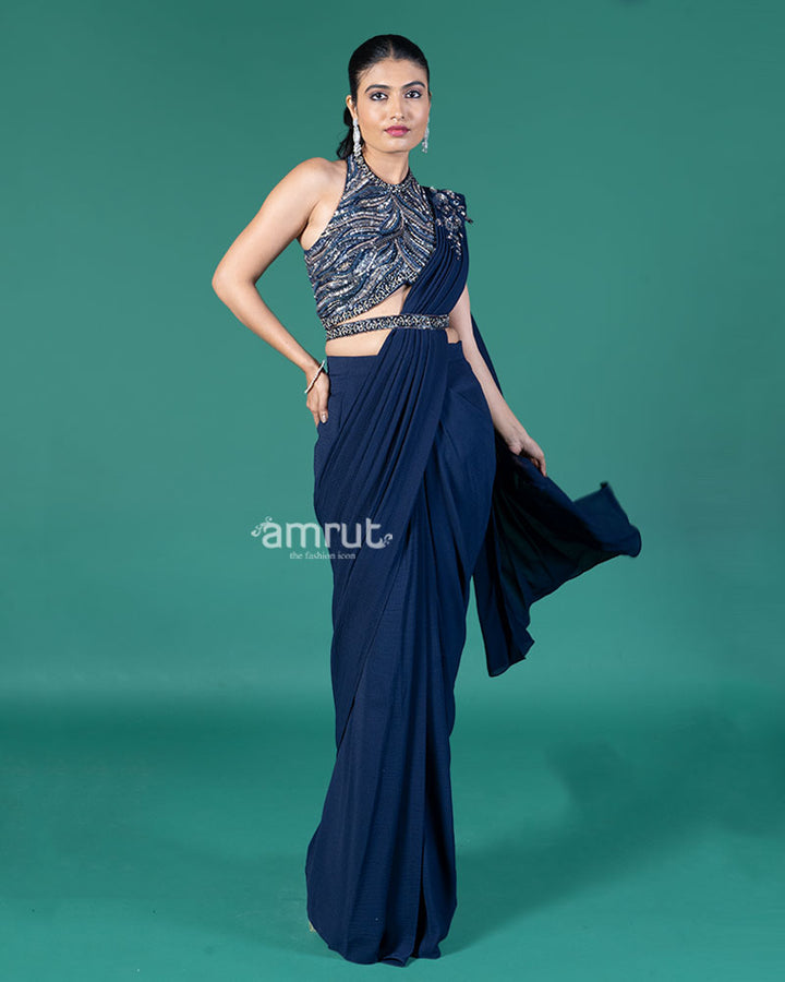 Navy Blue Ready-to-Wear Saree with Halter-Neck Embellished Blouse and Decorative Belt 04