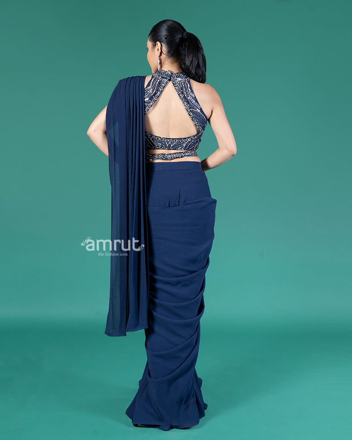 Navy Blue Ready-to-Wear Saree with Halter-Neck Embellished Blouse and Decorative Belt 05
