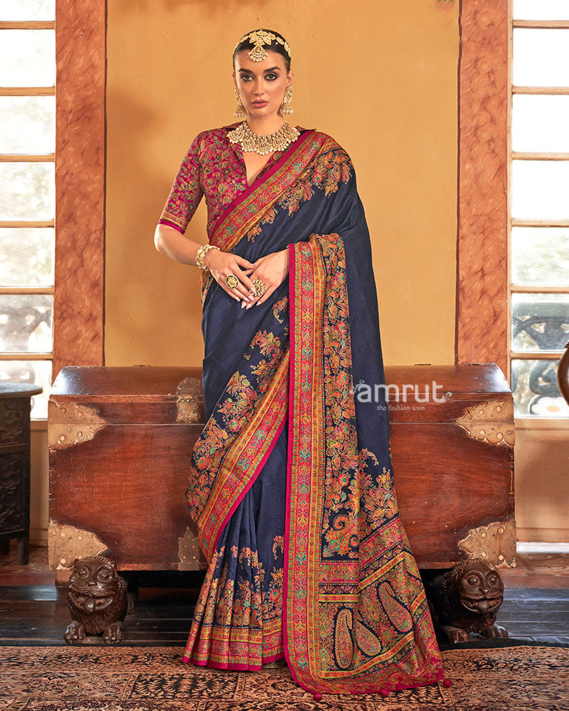 Navy Blue Saree with Multicolored Paisley Print and Unstitched Blouse 01