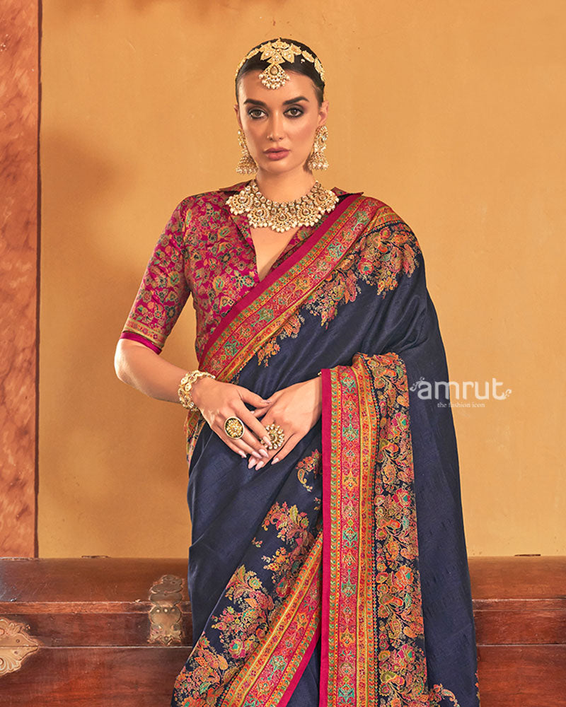 Navy Blue Saree with Multicolored Paisley Print and Unstitched Blouse 02