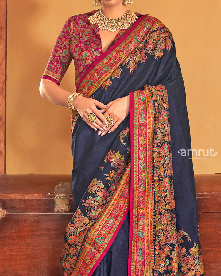 Navy Blue Saree with Multicolored Paisley Print and Unstitched Blouse 03