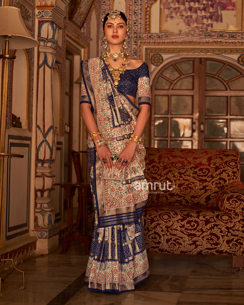 Navy Blue and Cream Bandhani Saree with Unstitched Blouse and Belt 01