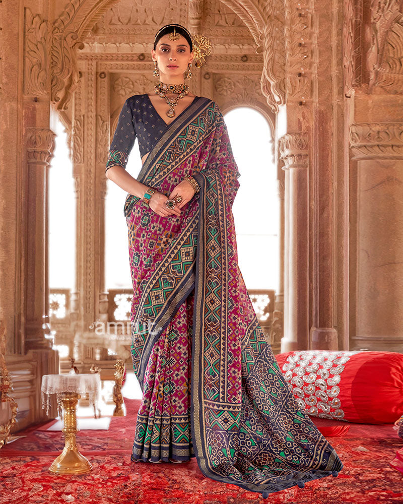 Navy Blue and Magenta Patola Printed Saree with Unstitched Blouse 01