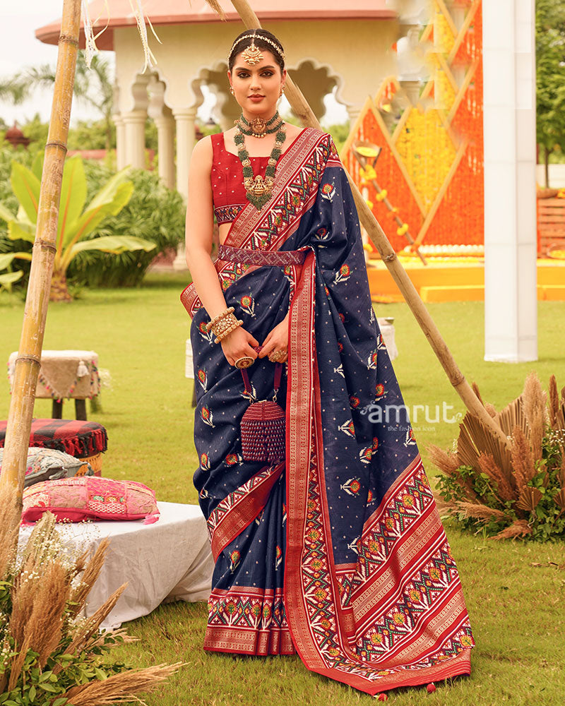 Navy Blue and Maroon Printed Patola Silk Saree with Zari Border and Unstitched Blouse 01