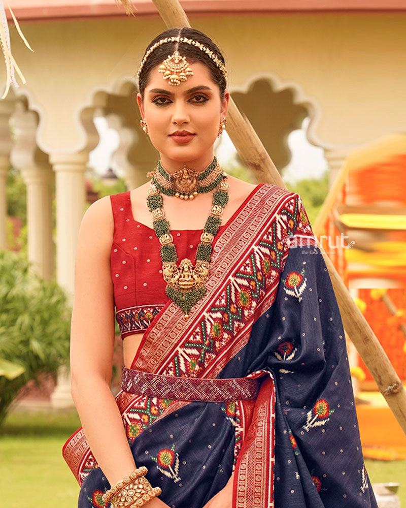 Navy Blue and Maroon Printed Patola Silk Saree with Zari Border and Unstitched Blouse 02