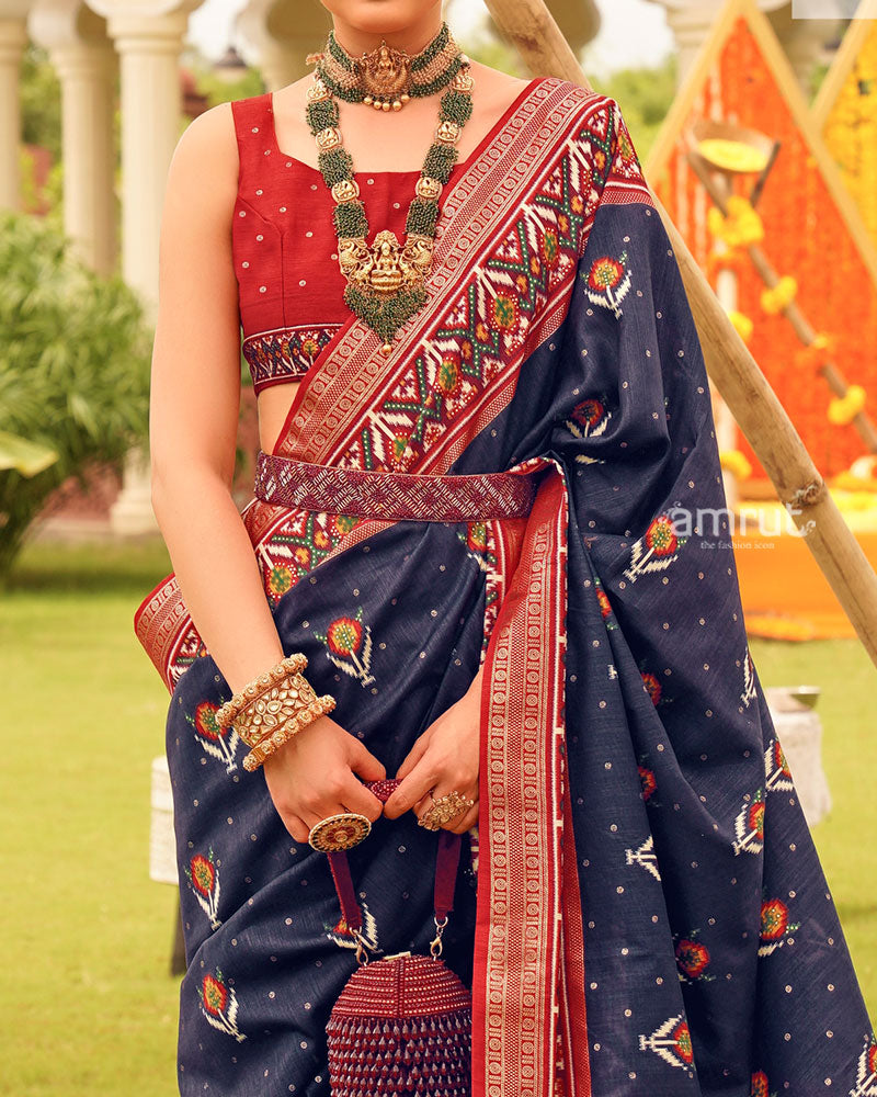 Navy Blue and Maroon Printed Patola Silk Saree with Zari Border and Unstitched Blouse 03