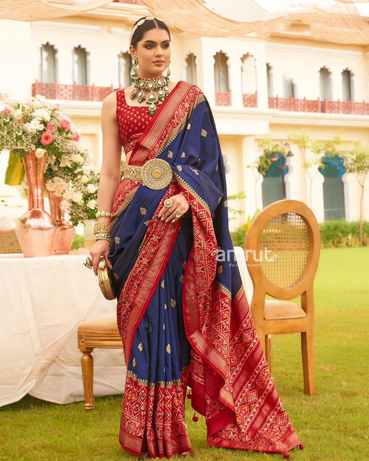 Navy Blue and Red Border Silk Saree with Unstitched Blouse and Belt 01