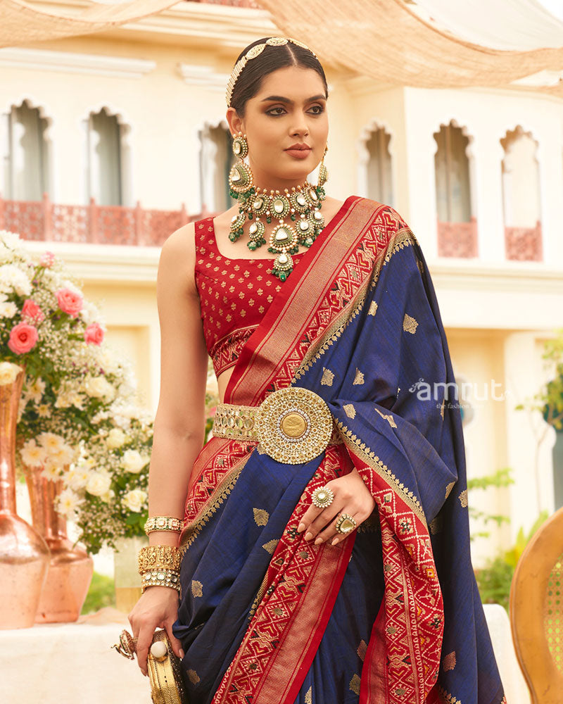 Navy Blue and Red Border Silk Saree with Unstitched Blouse and Belt 02