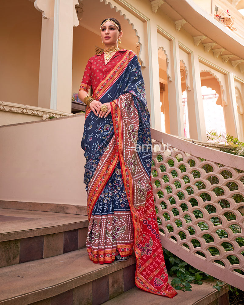 Navy Blue and Red Broad Border Patola Silk Saree with Unstitched Blouse 01