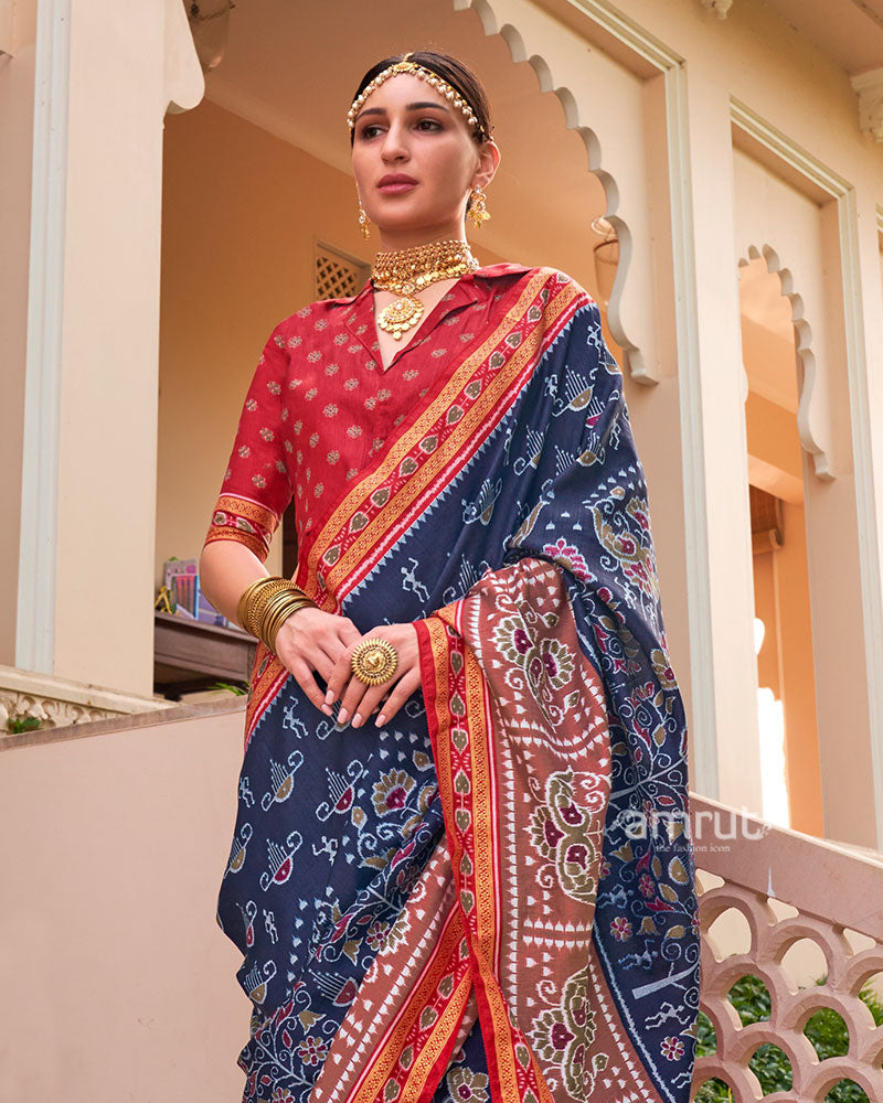 Navy Blue and Red Broad Border Patola Silk Saree with Unstitched Blouse 02