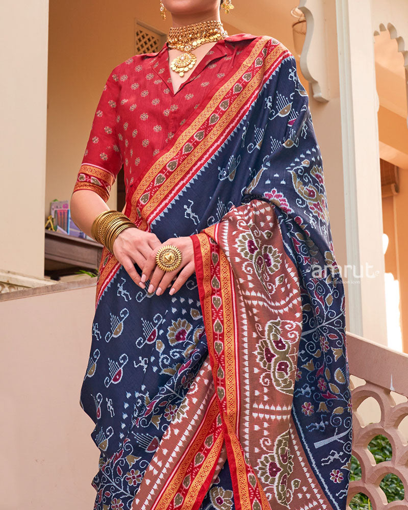Navy Blue and Red Broad Border Patola Silk Saree with Unstitched Blouse 03