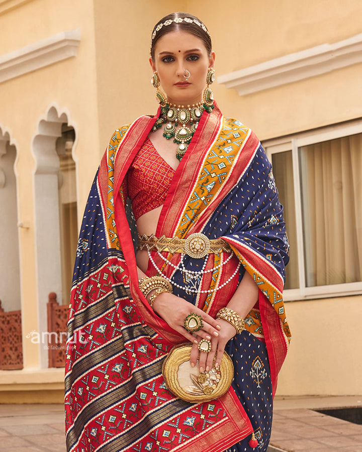 Navy Blue and Red Ethnic Printed Patola Silk Saree with Unstitched Blouse 02