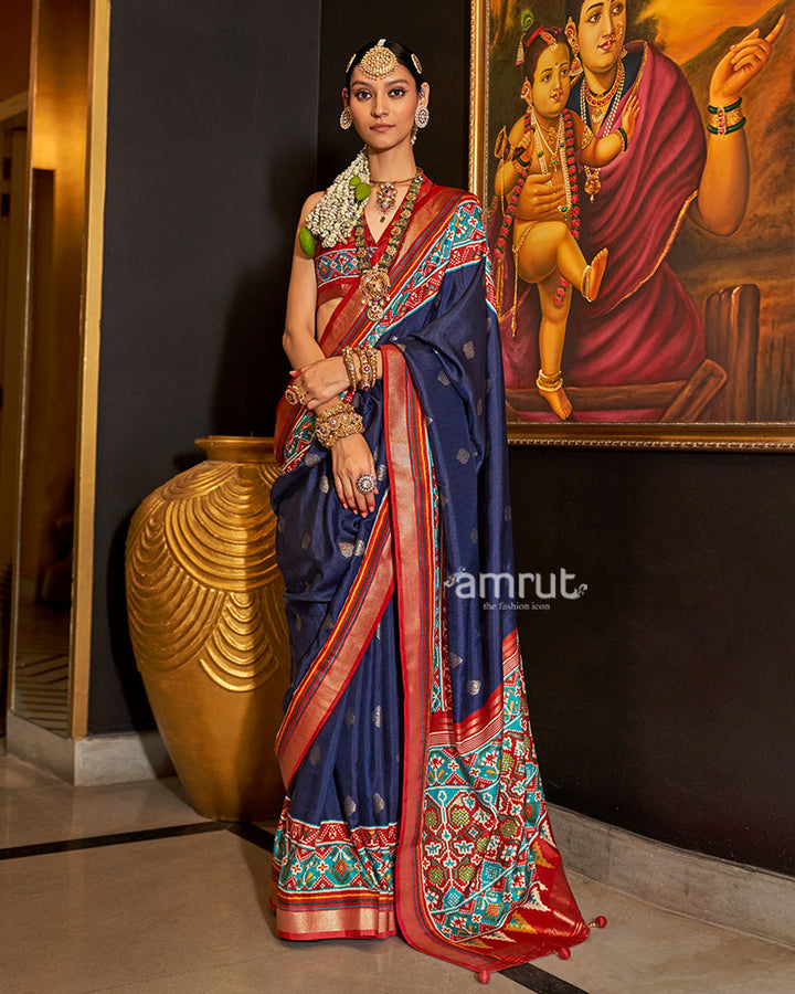 Navy Blue and Red Printed Border Traditional Saree with Unstitched Blouse 01