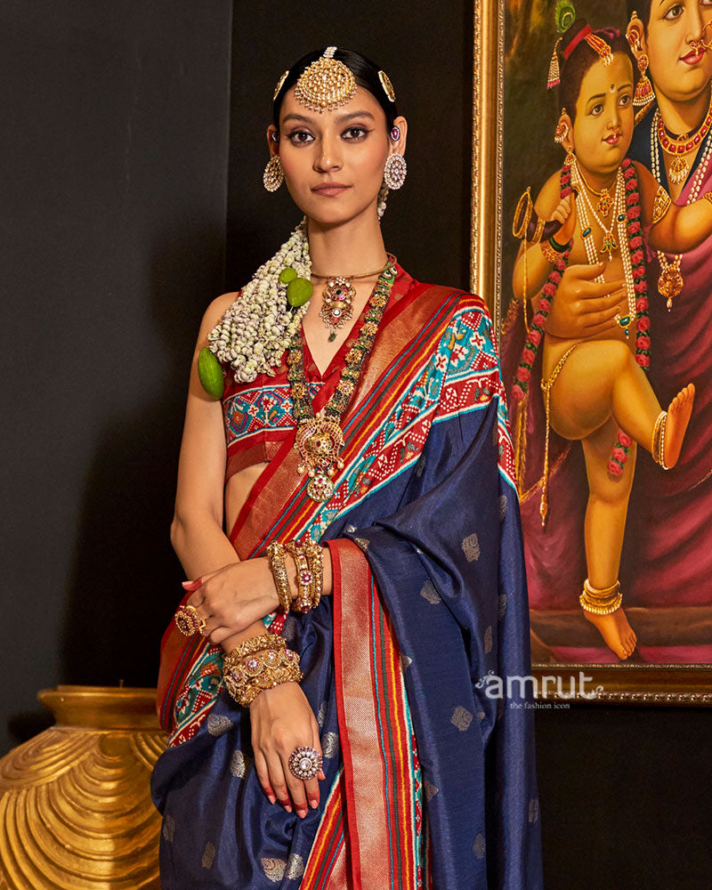 Navy Blue and Red Printed Border Traditional Saree with Unstitched Blouse 02