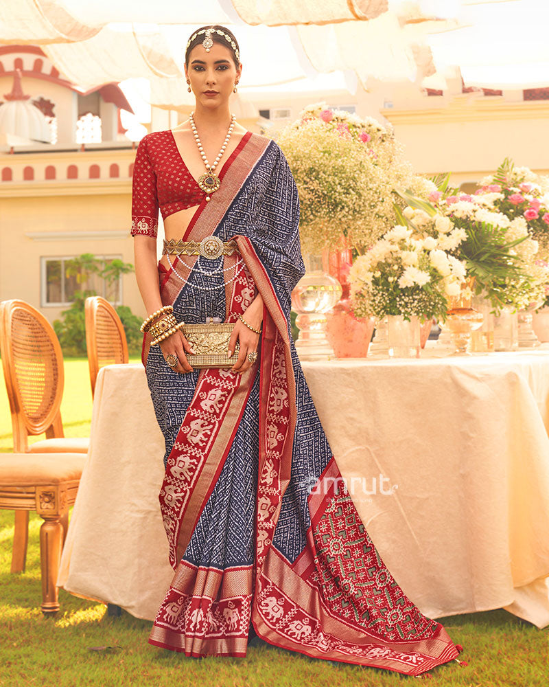 Navy Blue and Red Zari Border Patola Silk Saree with Unstitched Blouse 01