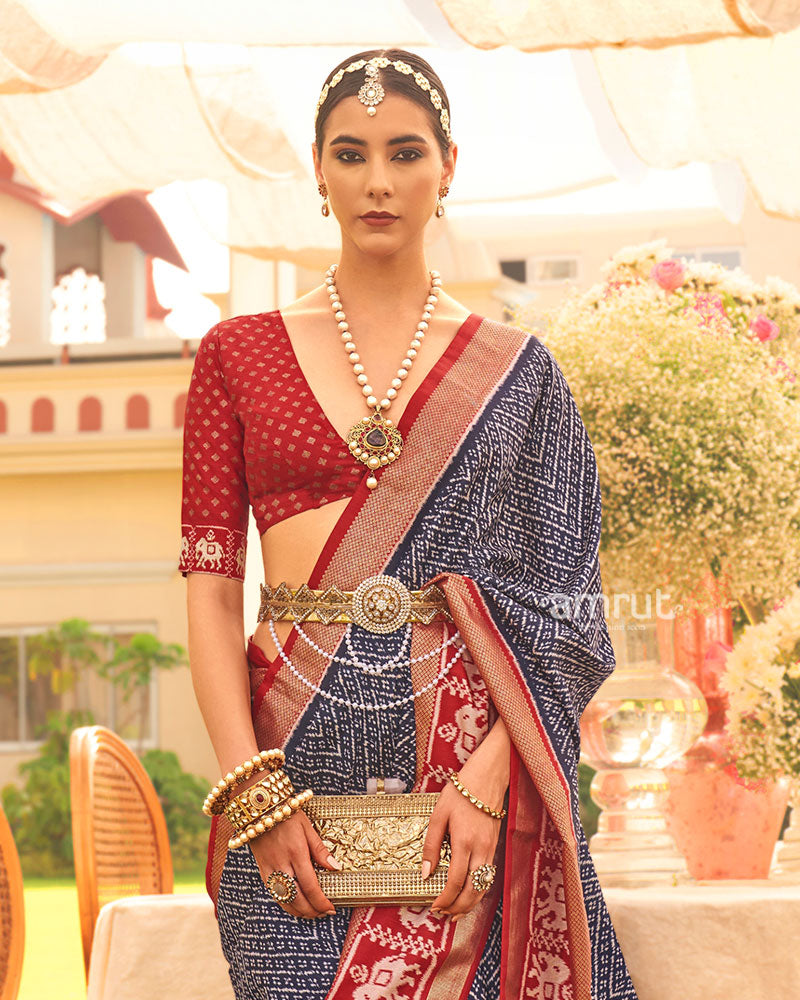 Navy Blue and Red Zari Border Patola Silk Saree with Unstitched Blouse 02