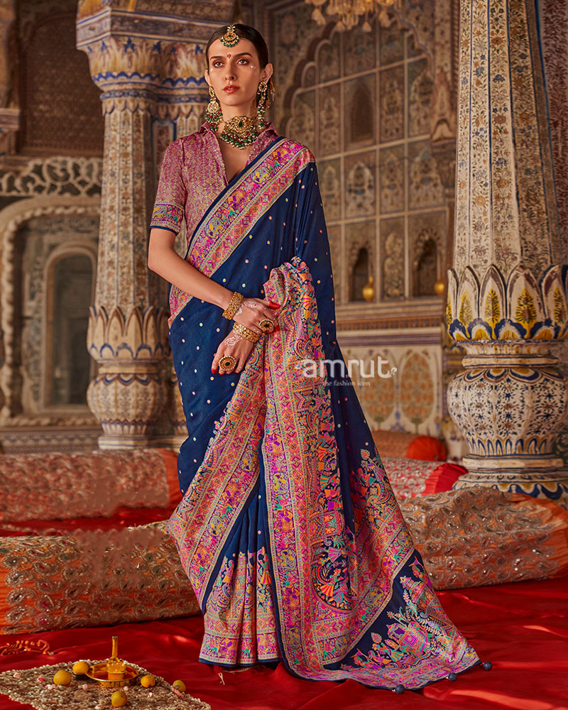 Navy Blue with Floral Motifs Printed Border Saree and Unstitched Blouse 01